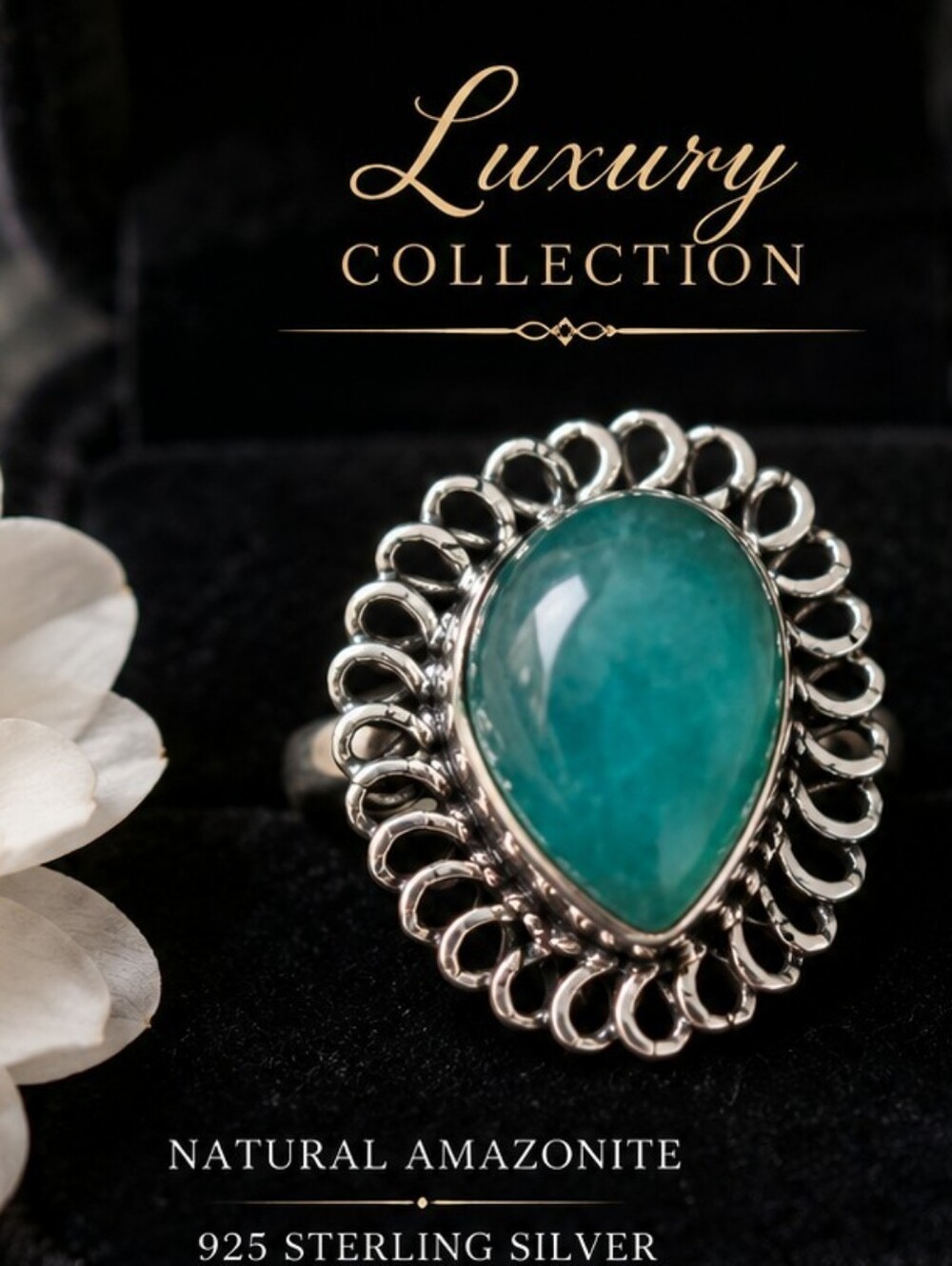 925 Sterling Silver Natural Amazonite Ring Size 10 Pear Cabochon Artisan Boho